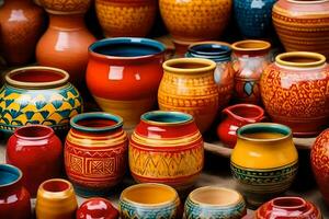 many colorful pottery vases are displayed on a table. AI-Generated photo