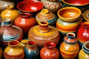 many colorful pottery vases are displayed in a row. AI-Generated photo