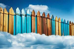 a fence with many different colored wooden posts. AI-Generated photo