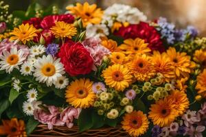 a basket full of colorful flowers is shown. AI-Generated photo