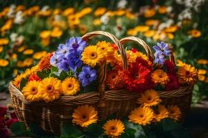 a basket full of colorful flowers sitting on a wooden table. AI-Generated photo