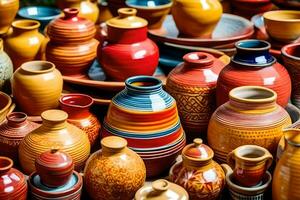 many colorful pottery vases are displayed on a table. AI-Generated photo