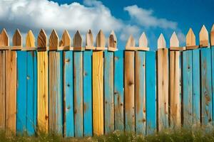 a wooden fence with blue and yellow boards. AI-Generated photo