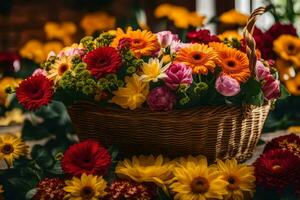 a basket full of colorful flowers sitting on a table. AI-Generated photo