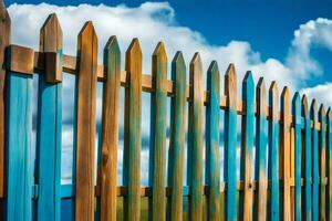 a wooden fence with blue sky and clouds. AI-Generated photo