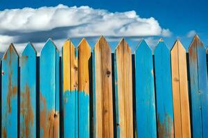 a wooden fence with blue paint and clouds in the background. AI-Generated photo