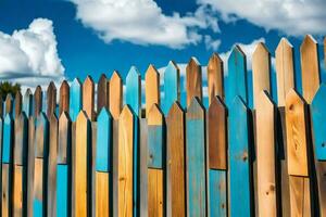 a wooden fence with blue and white paint. AI-Generated photo