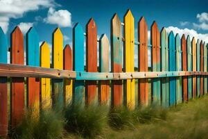 a colorful wooden fence with a blue sky in the background. AI-Generated photo