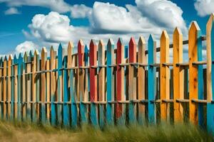 colorful wooden fence with blue sky and clouds. AI-Generated photo