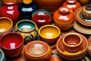 many colorful pottery items are displayed on a table. AI-Generated photo