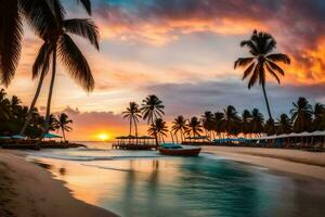 un hermosa puesta de sol terminado el Oceano con palma arboles generado por ai foto