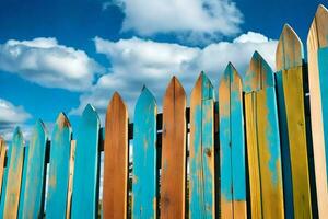 a wooden fence with blue and yellow paint. AI-Generated photo