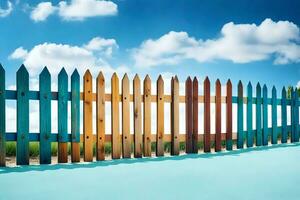 a colorful wooden fence against a blue sky. AI-Generated photo