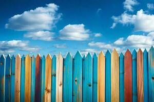 a colorful wooden fence with blue sky and clouds. AI-Generated photo