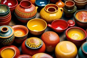 colorful pottery on display in a store. AI-Generated photo