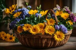 yellow and purple flowers in a basket on a wooden table. AI-Generated photo