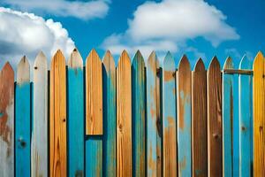 a wooden fence with blue sky and clouds in the background. AI-Generated photo