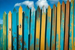 a colorful wooden fence with blue sky in the background. AI-Generated photo