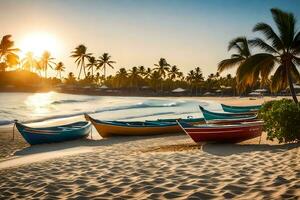 barcos en el playa a puesta de sol. generado por ai foto