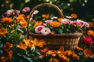 un cesta lleno de flores es sentado en el medio de un campo. generado por ai foto