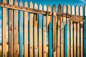 a wooden fence with blue and green paint. AI-Generated photo