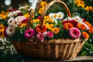 un cesta lleno con vistoso flores en un de madera mesa. generado por ai foto