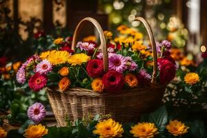a basket filled with colorful flowers on a table. AI-Generated photo