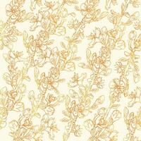 Seamless cherry branch pattern. Floral golden endless background for textile, wallpaper, fabric, wrapping. Bright yellow floral backdrop. vector