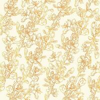 sin costura Cereza rama modelo. floral dorado interminable antecedentes para textil, fondo de pantalla, tela, envase. brillante amarillo floral fondo. vector