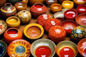 many colorful ceramic bowls and vases are arranged together. AI-Generated photo