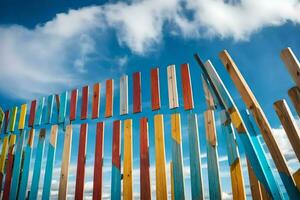 colorful wooden fence against a blue sky. AI-Generated photo