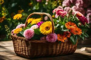 un cesta lleno con vistoso flores en un de madera mesa. generado por ai foto