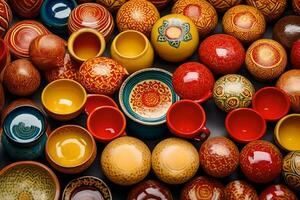 many colorful ceramic bowls and cups are arranged together. AI-Generated photo