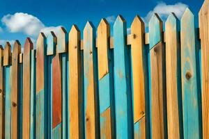 a wooden fence with colorful paint on it. AI-Generated photo