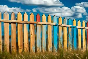 a colorful wooden fence with blue sky and clouds. AI-Generated photo