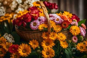 un cesta lleno de vistoso flores sentado en un mesa. generado por ai foto