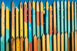 a colorful fence with many different colored wooden posts. AI-Generated photo