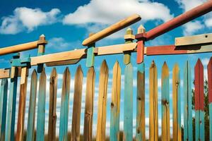 a colorful fence with wooden poles and sky in the background. AI-Generated photo