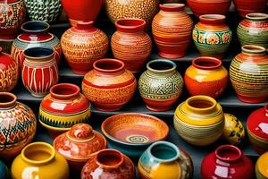 many colorful pottery vases are displayed on a table. AI-Generated photo