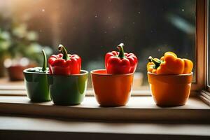 five colorful peppers in small cups on a window sill. AI-Generated photo