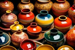 many colorful pottery vases are displayed on a table. AI-Generated photo