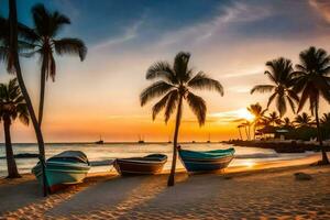 boats on the beach at sunset. AI-Generated photo