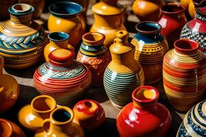 many colorful vases are displayed on a table. AI-Generated photo