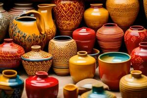 many colorful pottery vases are displayed on a table. AI-Generated photo