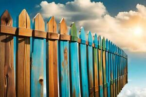 a wooden fence with blue sky and clouds in the background. AI-Generated photo