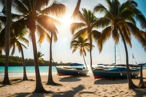 Tres barcos sentar en el playa cerca palma arboles generado por ai foto