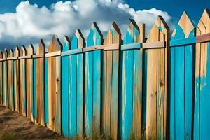 a wooden fence with blue paint on it. AI-Generated photo