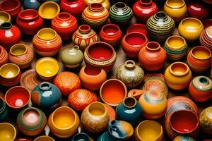 many colorful pottery vases are arranged together. AI-Generated photo