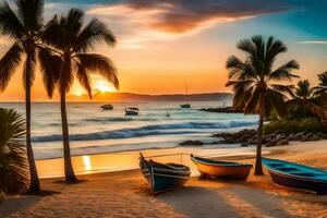 barcos en el playa a puesta de sol con palma arboles generado por ai foto