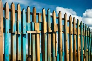 a wooden fence with blue sky and clouds. AI-Generated photo